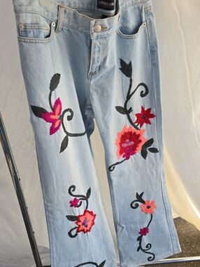 LONDONJEAN Light Wash Flare Jeans with Pink & Red Floral Embroidery